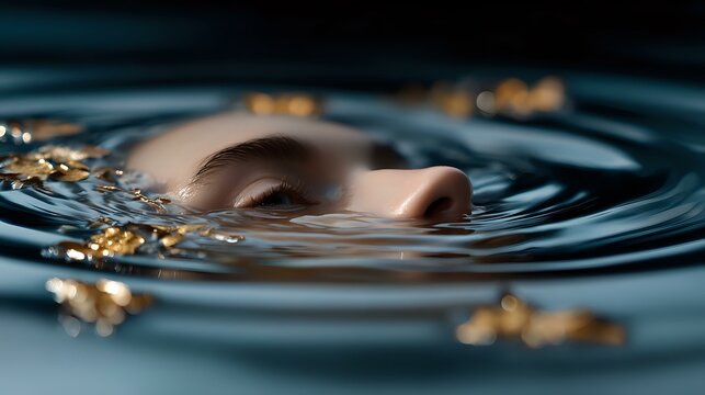 Serene face emerging from dark water with floating gold leaf flakes creating ripples and reflections in mysterious aquatic scene, artistic portrait photography. - Powered by Adobe