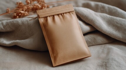 Brown bag with a gold and silver design sits on a white blanket