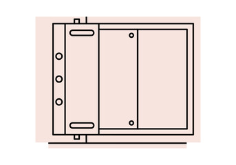 Hand drawn cute cartoon illustration of open empty safe. Flat vector strongbox without savings sticker doodle. Poverty or crisis icon. Money protection. Bank deposit. Security system. Isolated.