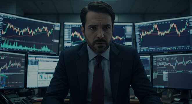 A serious businessman sits before multiple monitors displaying fluctuating stock market graphs, his expression reflecting the intensity of financial