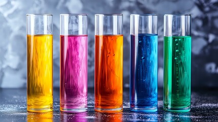 Colorful liquid in tall glass test tubes arranged in row on dark background with water drops, vibrant chemical solutions in laboratory glassware for science concept.