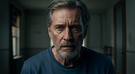 A pensive older man with salt and pepper hair stares intensely at the camera, his expression conveying deep thought and concern in a dimly lit