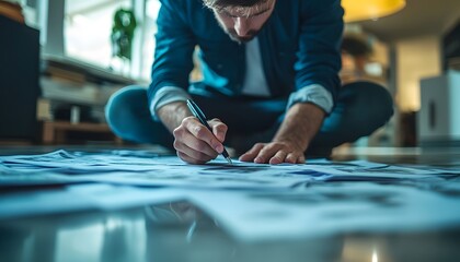 Creative Professional Sketching Ideas on Floor with Papers Spread Out