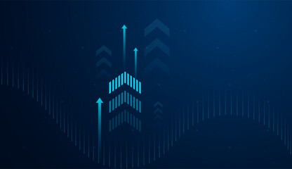 A smooth data wave curves across the background, suggesting real-time analytics, financial forecasting, or market fluctuations. and Group of upward arrows against a dark blue background