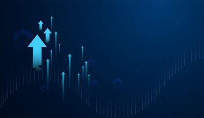 Multiple smaller arrows ascend beside the main arrow, representing collective momentum or multiple success factors in motion. and Group of upward arrows against a dark blue background
