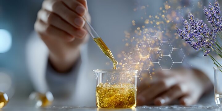 Laboratory scientist in white coat adding golden liquid dropper to glass beaker with glowing molecular structures and lavender flowers, scientific research concept.