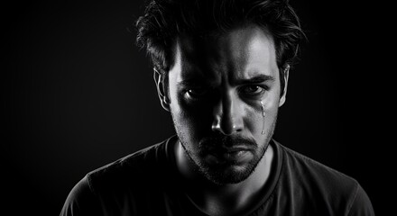 A man's face, etched with sorrow, reveals a single tear tracing a path down his cheek, a poignant portrait of quiet grief.