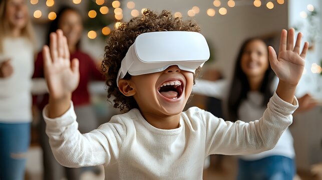 Excited young African American child wearing virtual reality headset, laughing with arms raised while experiencing immersive VR technology at home with bokeh lights. - Powered by Adobe