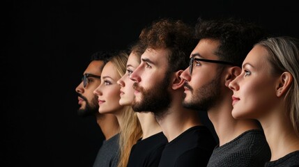 A group of six individuals standing in a row, facing forward, with a black background.