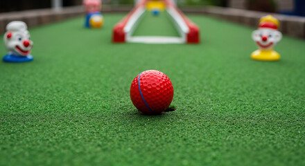Naklejka premium Red ball on miniature golf course surrounded by clown figurines 