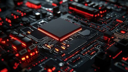 A complex electronic circuit board with red and black components, illuminated by red lights, set against a dark background.