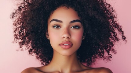 A young woman with curly hair, wearing a white top, standing in front of a pink wall.