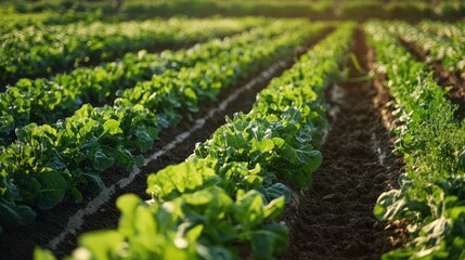 A lush green field of lettuce plants, with a clear blue sky and a gentle breeze.