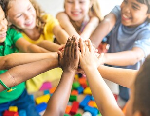 Obraz premium Close-up: Diverse Children's Hands Playing Happily Together
