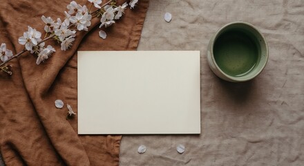 Blank card on textured fabric with green cup and flowers  
