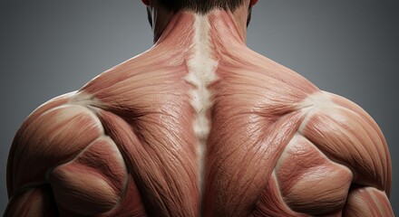 Detailed view of human back muscles, showcasing intricate anatomical structure and definition.