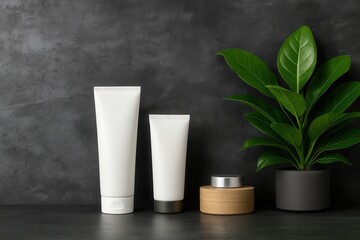 White bottle of lotion sits on a counter next to two other bottles
