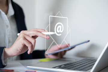 Business man receive send electronic mail email computer laptop smartphone mail marketing business communication technology digital online concept