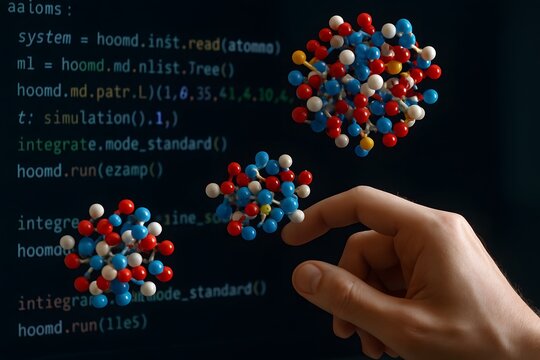 Scientific visualization of molecular dynamics simulation with programming code shown on screen - Powered by Adobe
