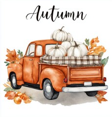 Truck is filled with pumpkins and leaves, and the word Autumn is written on it