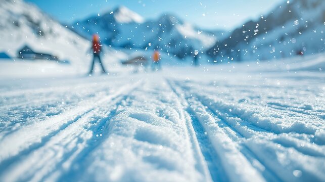 Cross-Country Skiing Tracks: Fresh snow falls gently on perfectly groomed cross-country ski tracks in the snowy mountains, creating a tranquil and inviting winter scene. - Powered by Adobe