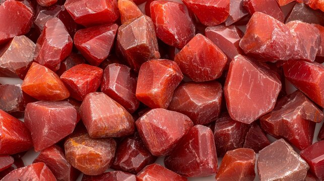 View of pile of tumbled red and reddish orange gemstones or small decorative rocks showcasing their varied shapes and slight translucency