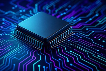 A close up of a microchip with blue and purple circuit board patterns