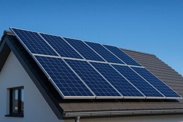 Fototapeta premium Solar panels installed on a rooftop against a clear blue sky above house