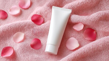 Tube of white cream sits on a pink towel next to a pile of rose petals