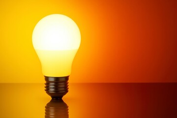 Glowing lightbulb on a reflective surface against an orange backdrop