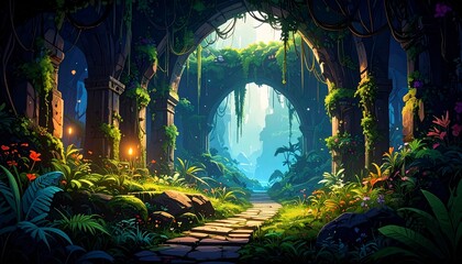 Fototapeta premium Enchanted Jungle Ruins: A Mystical Path