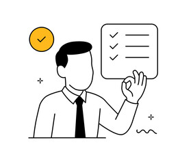 Businessman making OK gesture with checklist. Success confirmation illustration. Professional man checking goals.