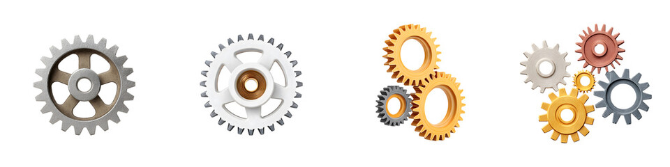 Metallic Gears Collection - Industrial Mechanical Elements on White Background