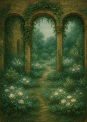 Obraz premium Enchanted garden with floral archway.