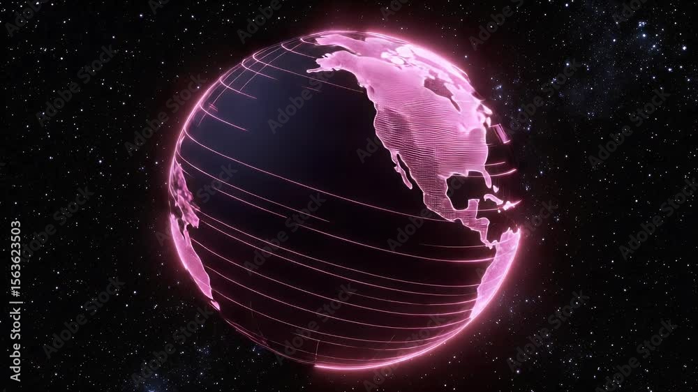 Poster animated digital representation of earth globe displaying pink data dots with a dark space backgroun