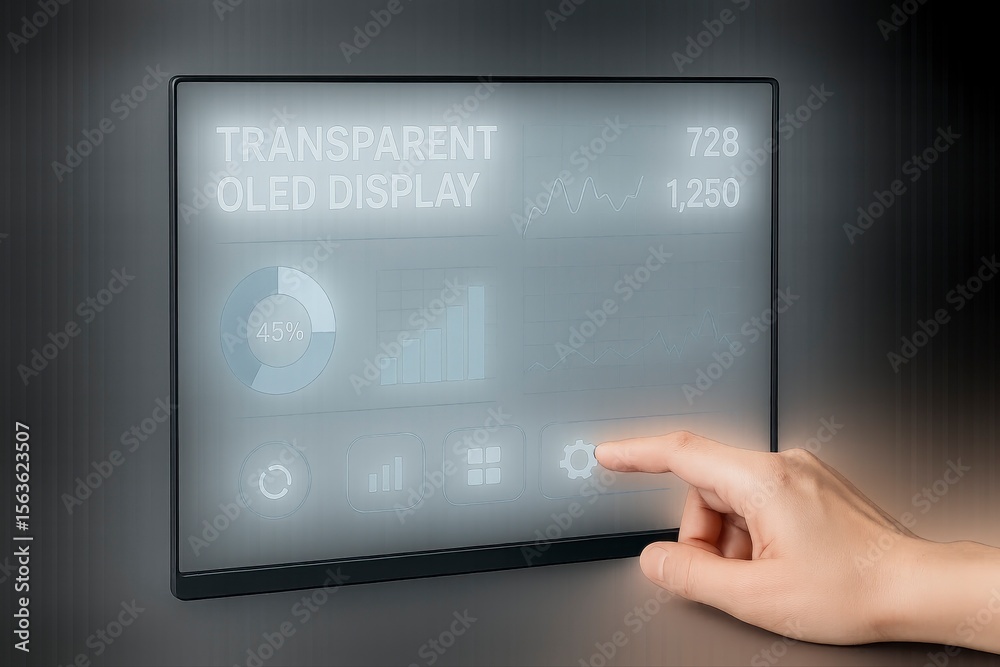 Poster hand interacting with transparent oled display showing data and settings