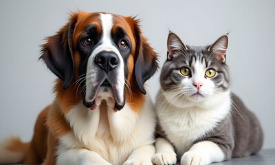 Obraz premium Attentive Saint Bernard and Grey Cat in Intimate Portrait Against Light Grey Background