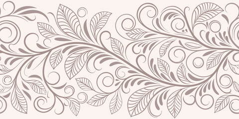 Seamless Floral Pattern Design: Elegant Gray Leaves and Swirls
