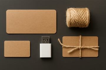 White USB drive sits on a cork board next to a white card and a brown string