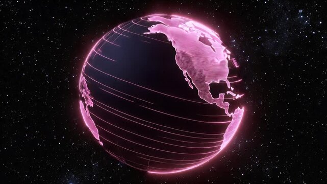Animated digital representation of Earth globe displaying pink data dots with a dark space background. Futuristic visualization of global networks and connectivity.