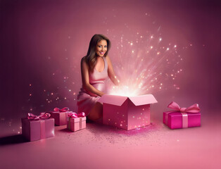 Generated image, Latino pregnant woman smiling while opening sparking gift at baby shower,