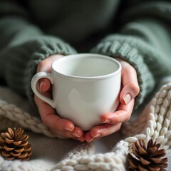 A pair of hands holds a plain white mug, suggesting warmth and coziness. The scene is composed tightly around the mug, focusing on the hands holding it. 