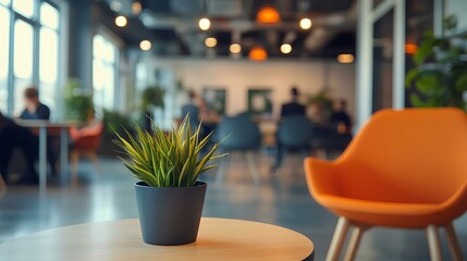 Aesthetic Work Oasis: A tranquil workspace setup. A potted plant on a wooden table, set before an orange chair, the bokeh blurred background.