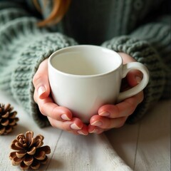 A pair of hands holds a plain white mug, suggesting warmth and coziness. The scene is composed tightly around the mug, focusing on the hands holding it. 