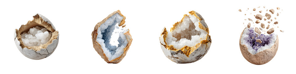 Fototapeta premium Geode Collection: Beautiful Crystal Formations Isolated on White Background, Set of Four