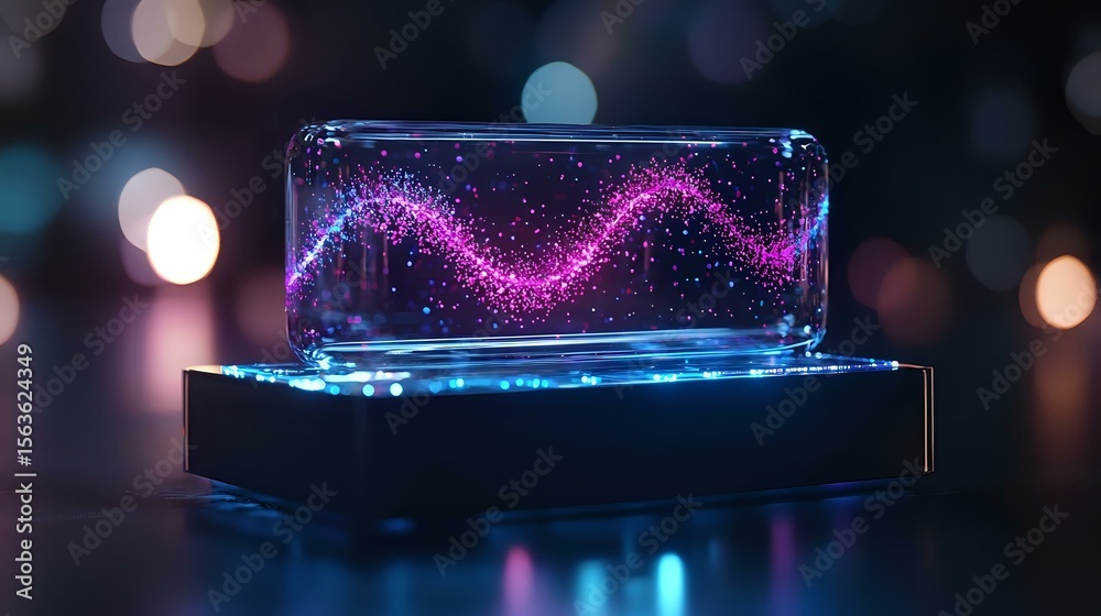 Poster glowing pink wave pattern floating in glass display case with blue illuminated base against dark bac