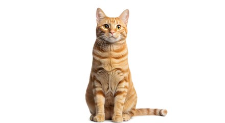 A ginger tabby cat sits attentively, gazing upward against a stark white background.