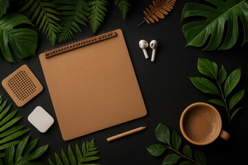 Notebook with a pen and a cup of coffee on a table with leaves