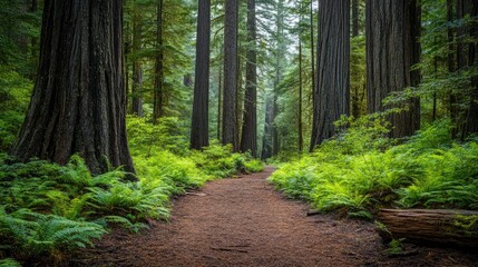 Obraz premium A tranquil forest pathway leads straight ahead, flanked by towering trees and vibrant green foliage.