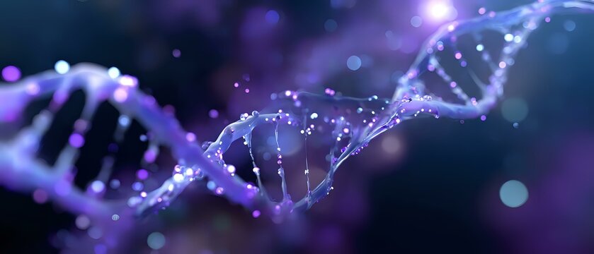 Glowing purple DNA strand with sparkling particles floating in dark space, molecular structure visualization showing genetic research and biotechnology advancement.